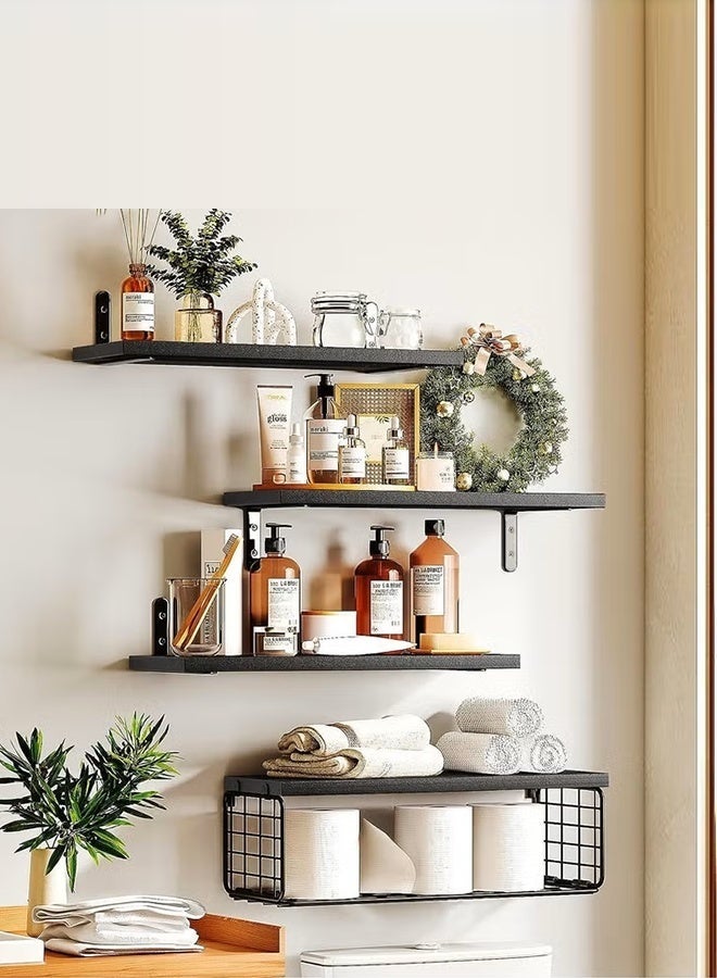 Exquisite 4 Pcs Black Floating Wall Shelves, Rustic Wood & Metal Wall-Mounted Storage Racks with Mesh Guard, Multi-Layer Design, Large & Deep Shelves for Bedroom, Bathroom, Kitchen, Living Room, Laundry & Closet Décor - Image 4