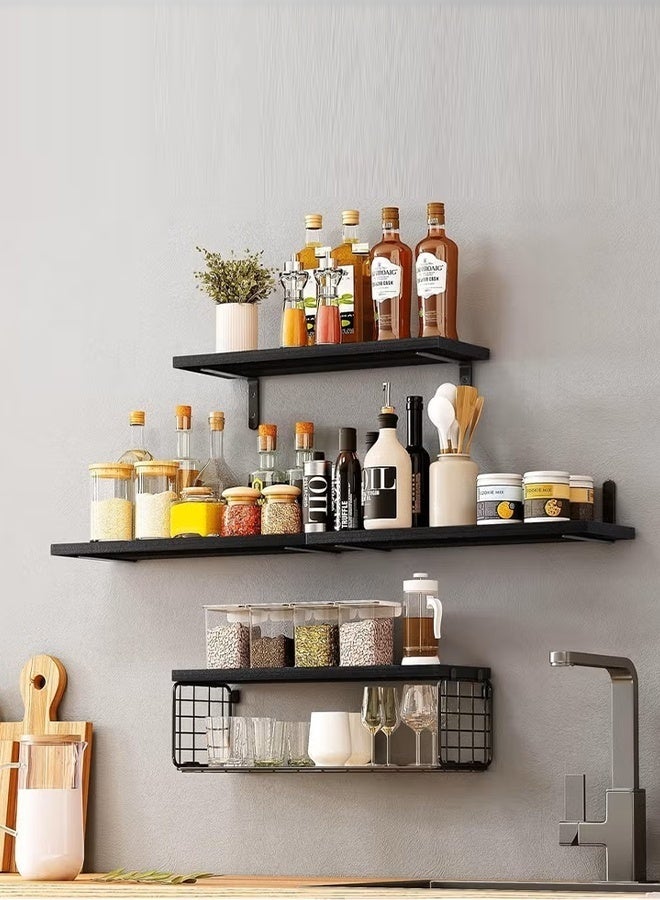 Exquisite 4 Pcs Black Floating Wall Shelves, Rustic Wood & Metal Wall-Mounted Storage Racks with Mesh Guard, Multi-Layer Design, Large & Deep Shelves for Bedroom, Bathroom, Kitchen, Living Room, Laundry & Closet Décor - Image 3