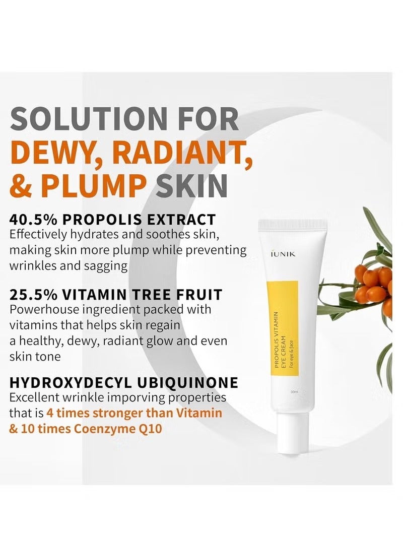 iUNIK Propolis Vitamin C Face and Eye Cream with Vegetable Oil 1.01 Fl Oz Dullness Dark Circles Puffiness Smooths Under Eyes 24 Hour Hydration For Sensitive Oily Acne prone skin 30ml - Image 2