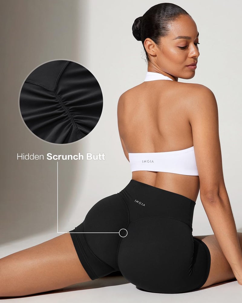 INGIA Womens High Waist No Front Seam Scrunch Butt Biker Shorts 5 Inches V-Back Scrunch Booty Gym Workouts Black Small - Image 5
