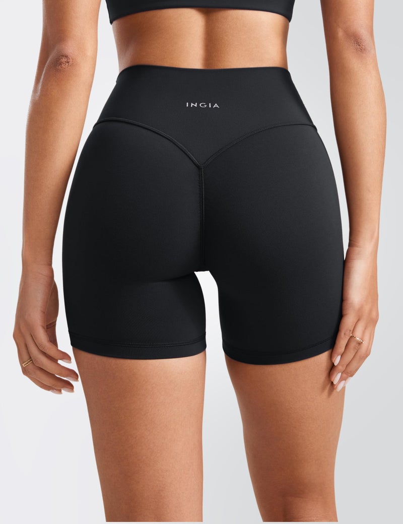 INGIA Womens High Waist No Front Seam Scrunch Butt Biker Shorts 5 Inches V-Back Scrunch Booty Gym Workouts Black Small - Image 2