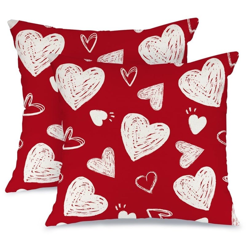 AACORS Valentine's Day Pillow Cover 18X18 Inch Set of 2,White Hearts Decorations Holiday Farmhouse Decorative Pillow Case for Sofa Couch Decor (Red) AK008-18 - Image 1