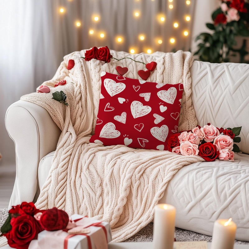 AACORS Valentine's Day Pillow Cover 18X18 Inch Set of 2,White Hearts Decorations Holiday Farmhouse Decorative Pillow Case for Sofa Couch Decor (Red) AK008-18 - Image 3