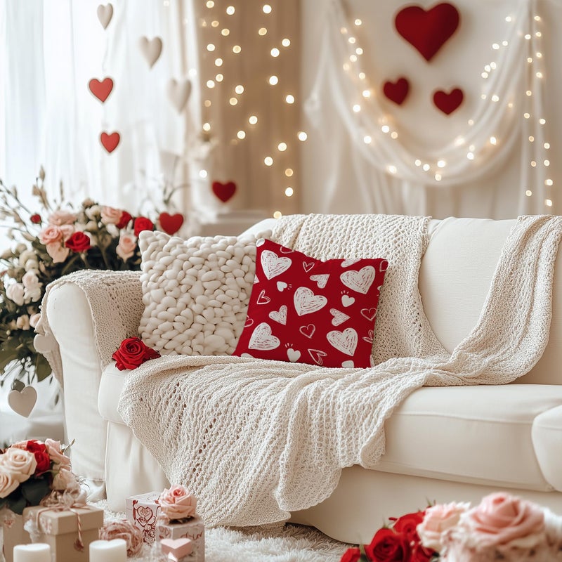 AACORS Valentine's Day Pillow Cover 18X18 Inch Set of 2,White Hearts Decorations Holiday Farmhouse Decorative Pillow Case for Sofa Couch Decor (Red) AK008-18 - Image 2