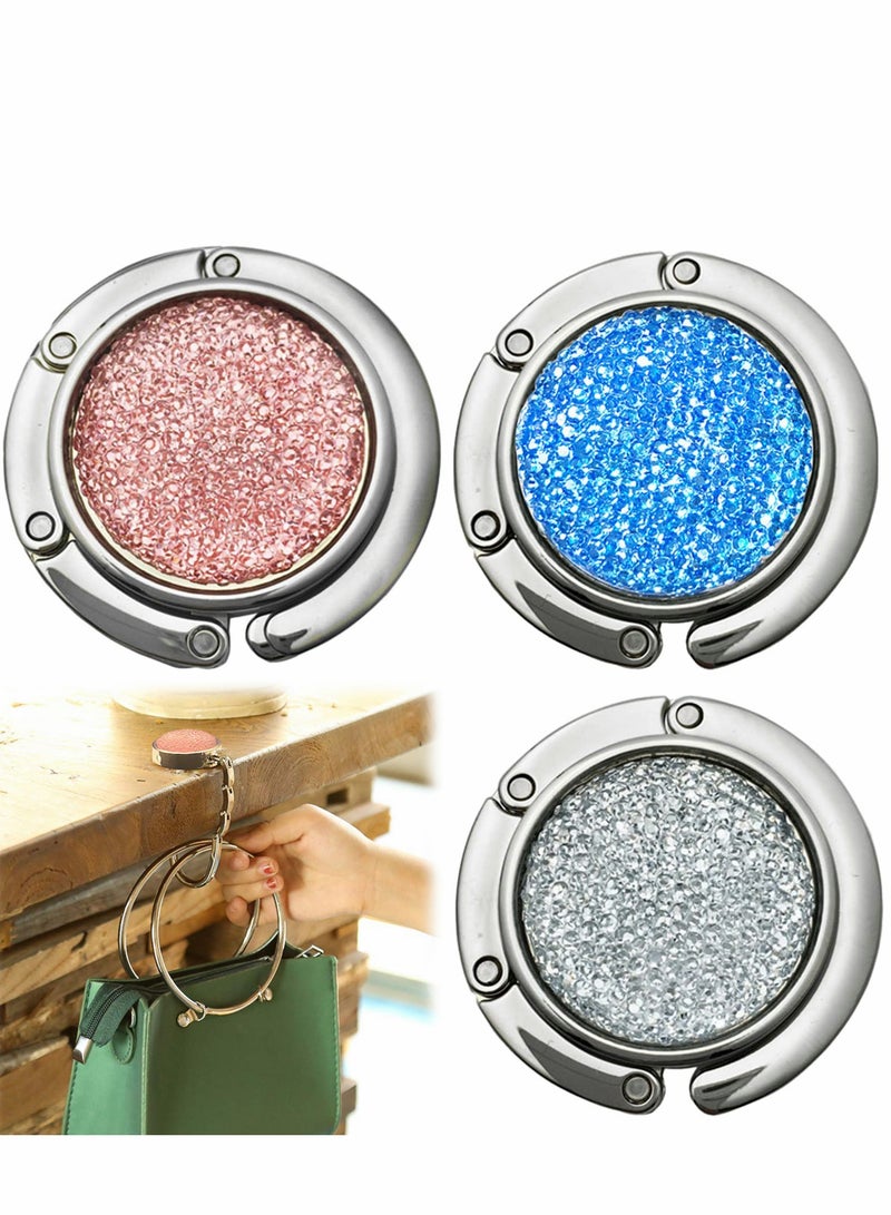 3 PCS Foldable Handbag Hanger with Bling Rhinestones - Stylish Table Purse Hook in White, Pink, and Blue - Image 1