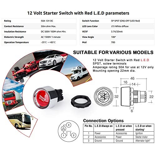 Gebildet Universal 12V-24V/50A SPST Momentary Start Switch, Push Start Ignition Switch, LED Car Engine Start Stop Button for Car Truck Boat RV ATV - Image 5