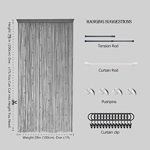 HSYLYM Beaded Curtain Beads Door String Curtains Ideal for Living Room Decor Wall Hanging Fringe Doorway Divider Bedroom Backdrop Hippie Window Closet Privacy Rod Pocket Dense (100x200cm,Grey) - Image 5