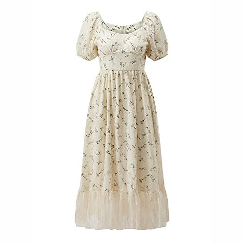 YM YOUMU Women Vintage Lace Cottagecore Dress Short Puff Sleeve Hollow Out Floral Embroidery Dress for Casual Wedding Cocktail Party - Image 1