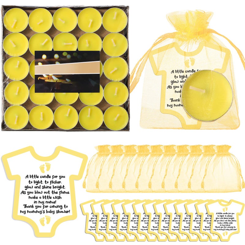 Roowest 50 Set Baby Shower Party Candles Gift for Guests Cute Tea Lights Candle Decorations with Thank You Cards Organza Bags for Girl Boy Baby Shower Gender Reveal FavorsYellow