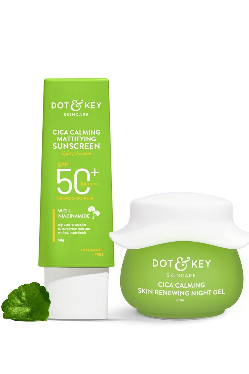 Dot & Key Heal, Soothe & Protect Cica Skin Care Combo (Cica Sunscreen 50gm & Cica Night Gel 60ml) | For Oily, Acne Prone & Sensitive Skin Protect & Care | For Women & Men. - Image 1