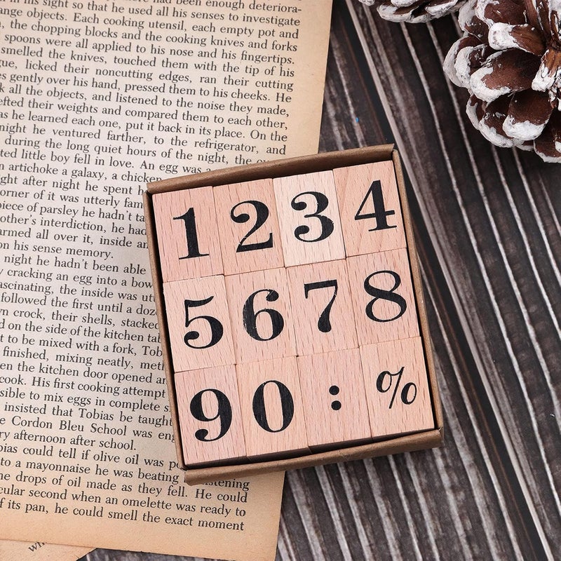 Dizdkizd 12 Pieces Wooden Rubber Stamps, Small Number 0-9 Decorative Multipurpose Wood Mounted Rubber Stamp Set for DIY Craft, Letters Diary and Craft Scrapbooking - Image 1