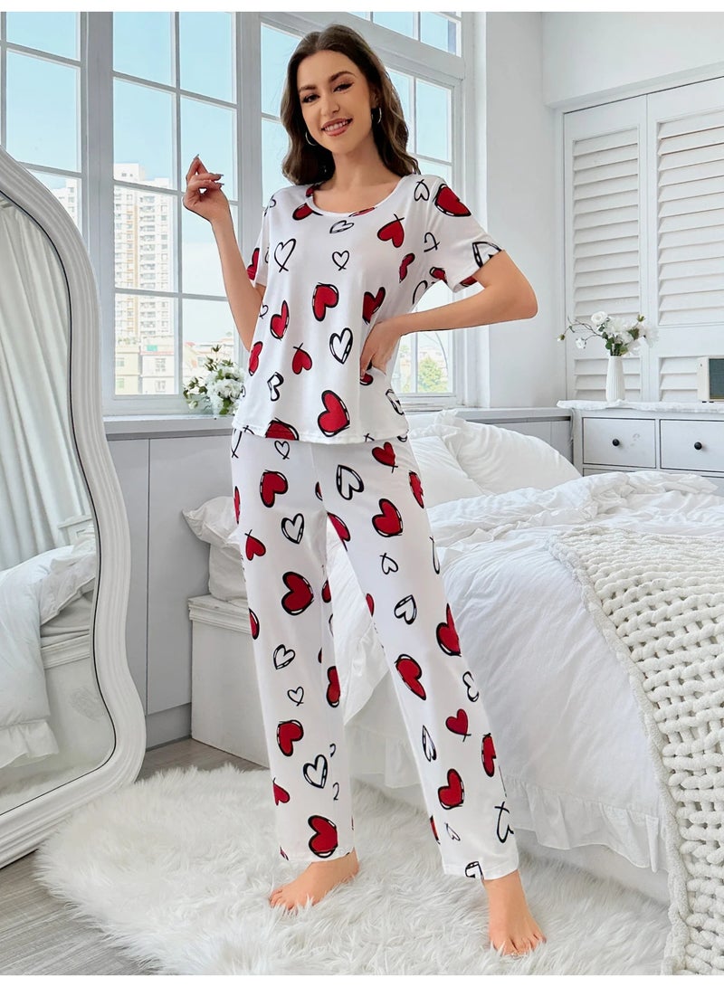 طقم بيجامة نسائي باللون الأبيض مع طباعة قلوب حمراء - Image 4
