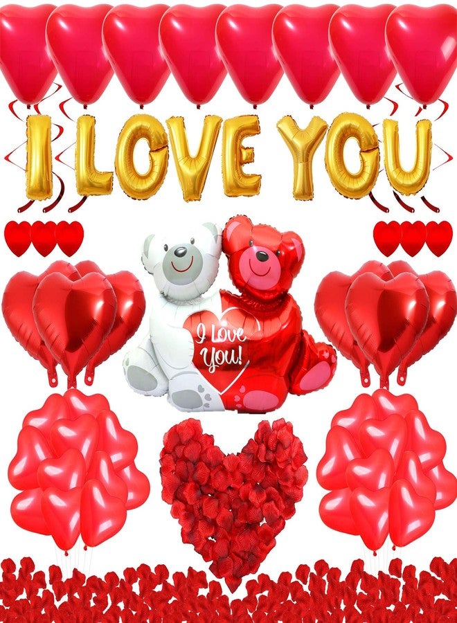 Rainmae I Love You Gold Balloons and Heart Balloons Kit with 1000 Pcs Dark-Red Silk Rose Petals Romantic Flower Decoration Love-Bear Red Heart Balloons for Valentine Day Wedding Party Decorations - Image 1