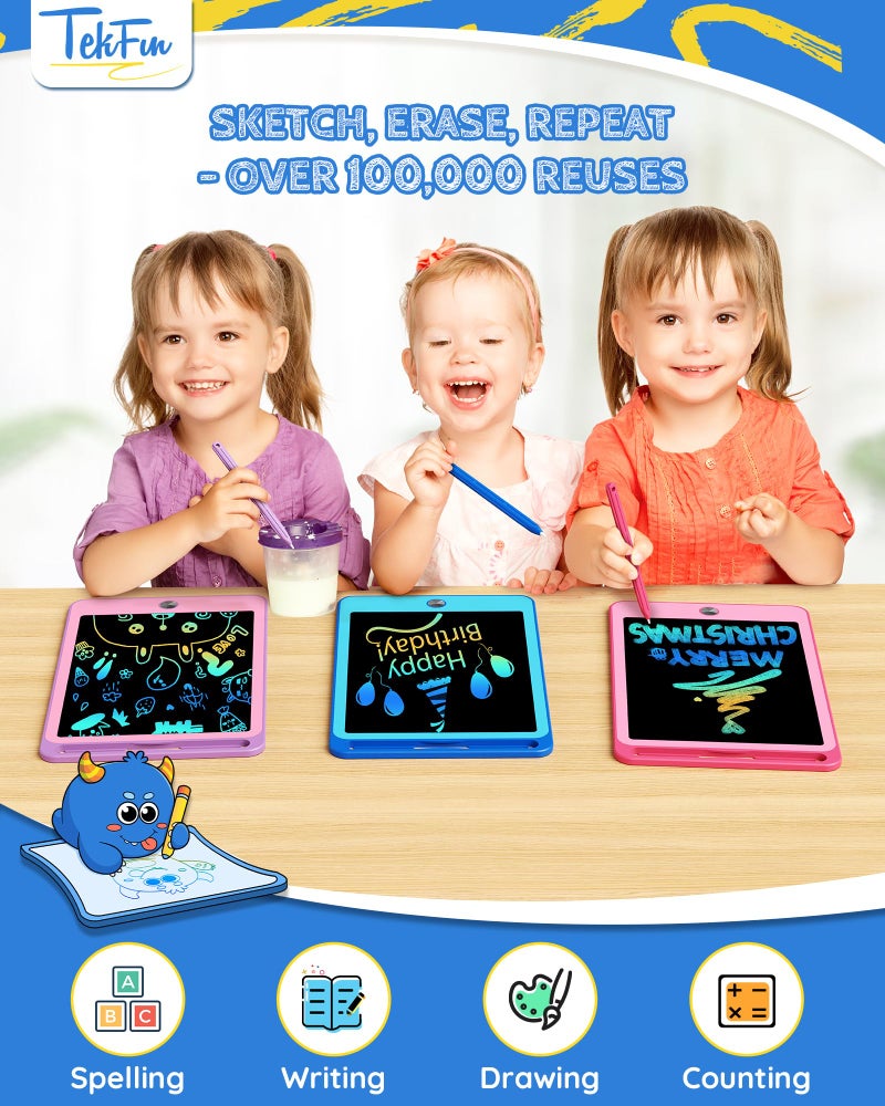 TEKFUN 3 Pack LCD Writing Tablet for Kids, 8.5 Inch Blue+Pink+Purple Doodle Board Drawing Board Reusable Drawing Tablet with Lanyard, Educational Kids - Image 2