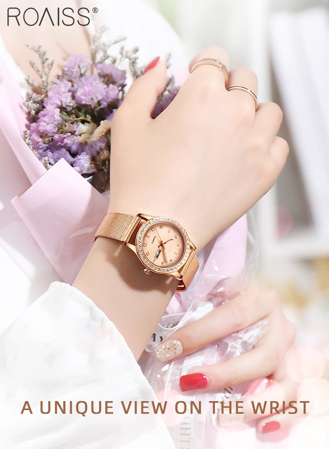 roaiss Women's Steel Mesh Strap Quartz Watch, Analog Display Round Dial with Dual Calendar, Luminous Waterproof Luxurious Business Wristwatch as Gift for Ladies - Image 2