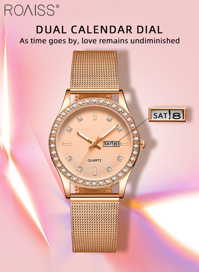 roaiss Women's Steel Mesh Strap Quartz Watch, Analog Display Round Dial with Dual Calendar, Luminous Waterproof Luxurious Business Wristwatch as Gift for Ladies - Image 3