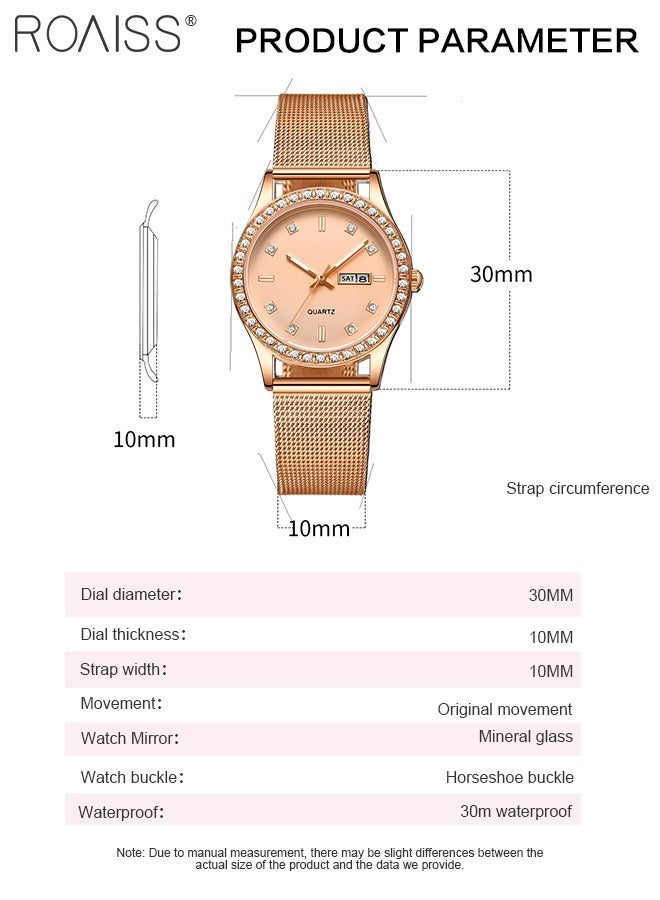 roaiss Women's Steel Mesh Strap Quartz Watch, Analog Display Round Dial with Dual Calendar, Luminous Waterproof Luxurious Business Wristwatch as Gift for Ladies - Image 4
