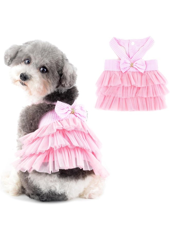 Striped Dog Princess Dress for Small Dogs Girls Puppy Clothes with Bowtie Outfit Female Pet Cute Spring Summer Cat Tutu Skirt Yorkie Chihuahua Clothing, Pink, S - Image 1