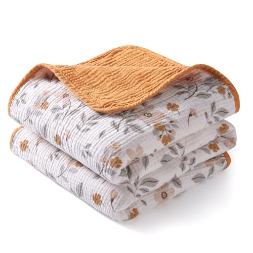 TILLYOU Muslin Baby Blankets for Girls Boys Soft Cotton Baby Blankets 40x40 Inches Breathable Swaddle Blanket for Baby Kids Toddler Yellow Flower - Image 1