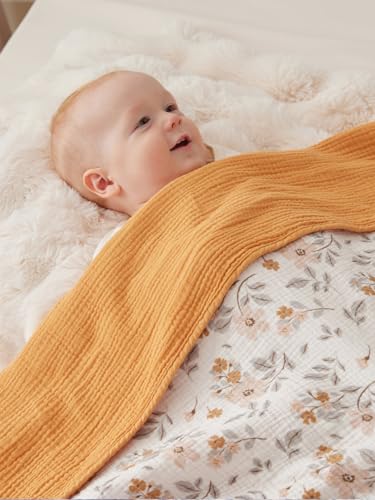TILLYOU Muslin Baby Blankets for Girls Boys Soft Cotton Baby Blankets 40x40 Inches Breathable Swaddle Blanket for Baby Kids Toddler Yellow Flower - Image 3