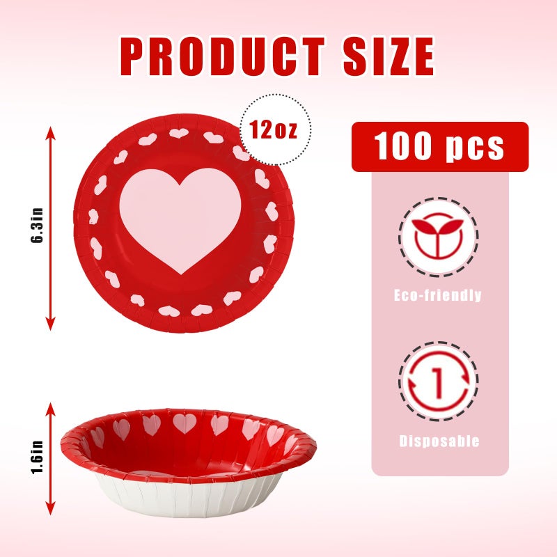 Whaline 100Pcs Valentine Paper Bowls Pink Red Heart Disposable Serving Bowls Love Heart Ice Cream Bowl for Valentine's Day Wedding Party Supplies - Image 2