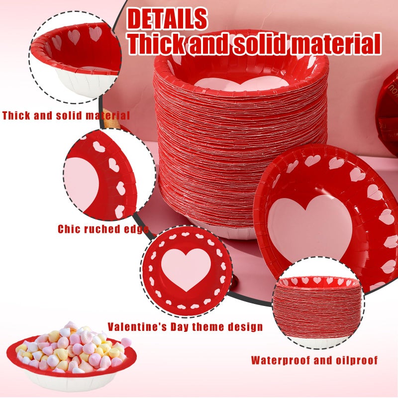 Whaline 100Pcs Valentine Paper Bowls Pink Red Heart Disposable Serving Bowls Love Heart Ice Cream Bowl for Valentine's Day Wedding Party Supplies - Image 3