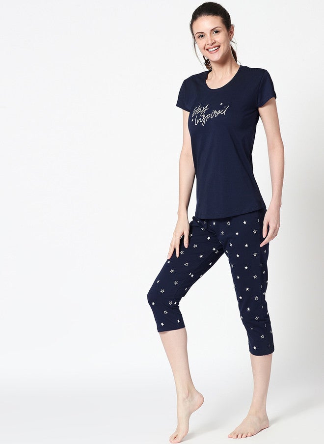 Zeyo Women Navy Blue & White Printed Night Suit - Image 4