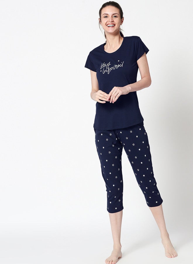Zeyo Women Navy Blue & White Printed Night Suit - Image 2