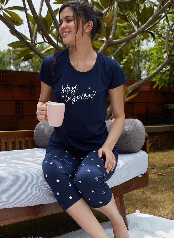 Zeyo Women Navy Blue & White Printed Night Suit - Image 1