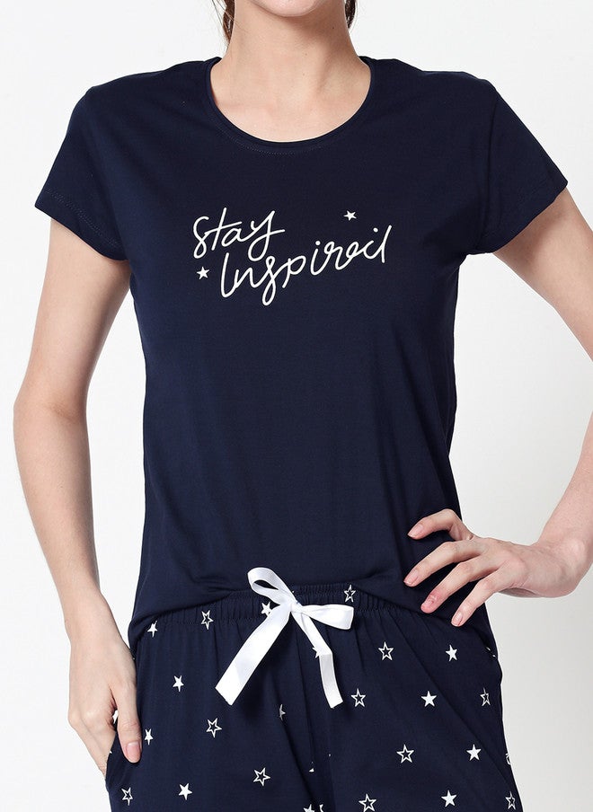 Zeyo Women Navy Blue & White Printed Night Suit - Image 3