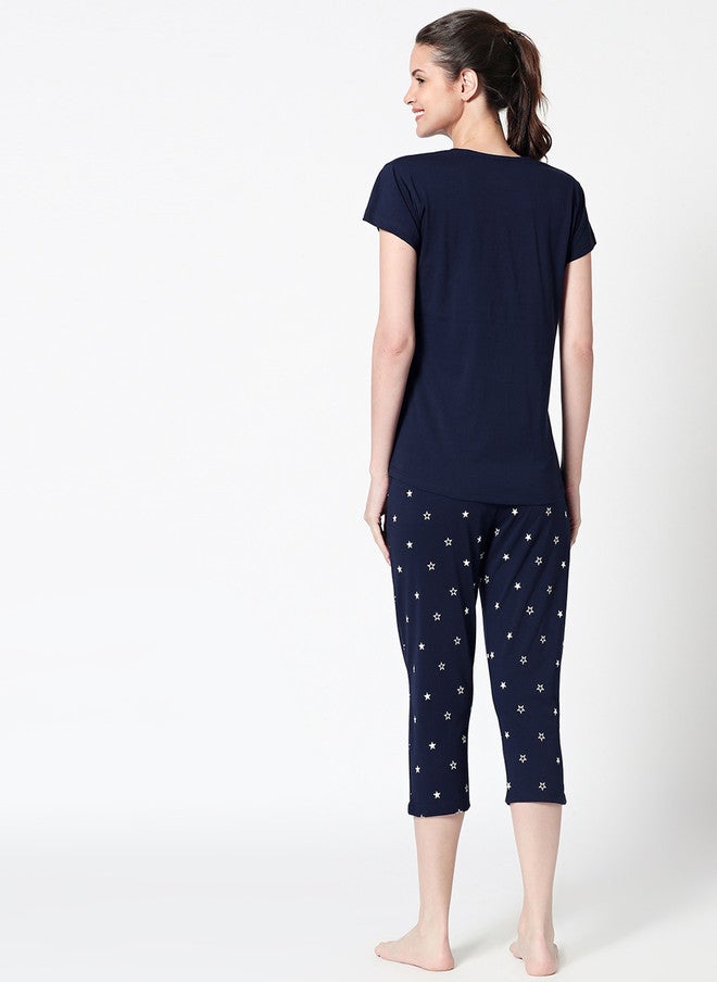 Zeyo Women Navy Blue & White Printed Night Suit - Image 5