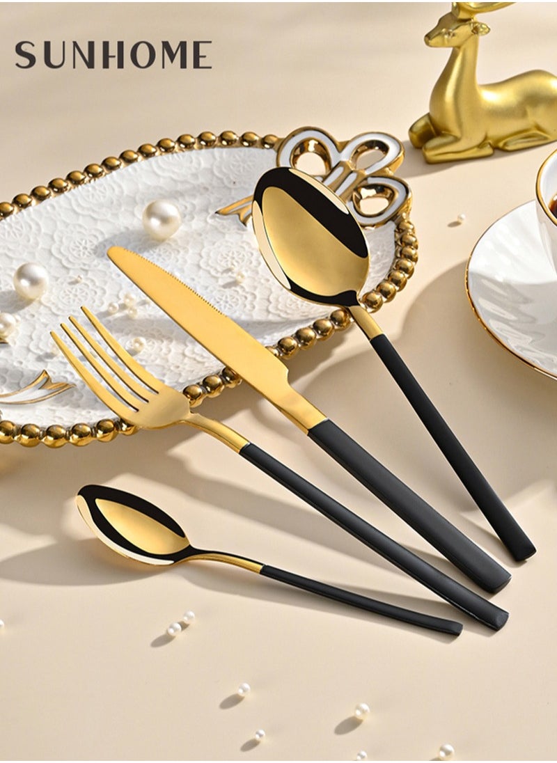 Sunhome SUNHOME 24-Piece Stainless Steel Cutlery Set Kitchen Utensil Set Western Tableware Suitable For Home Kitchen Restaurant Hotel Party Dining Picnic Dining Exquisite Packaging Gift Gold/Black  - Image 2