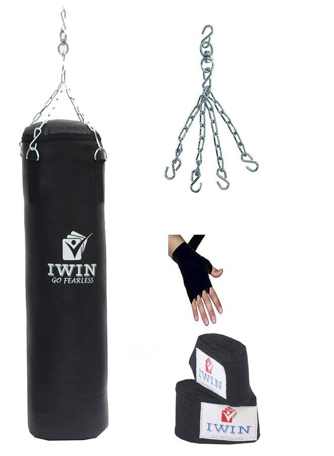 IWIN punchcombokit Synthetic Leather Unfilled Punching Bag with Hand Wrap and Chain Combo Kit, 42 inch (Black) - Image 1