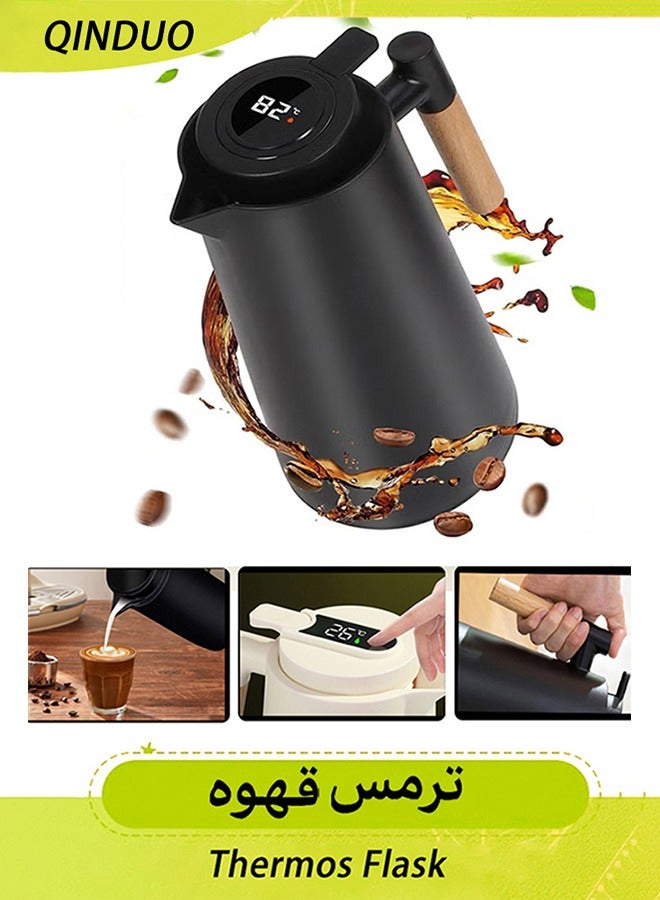 QINDUO 1L High Quality Coffee Thermos, Tea and Coffee Thermos, Smart Digital Temperature Display, Tea and Coffee Maker, Double Wall Vacuum Insulated Flask, 24 Hour Thermos Coffee Maker Water Dispenser (Black) - Image 1