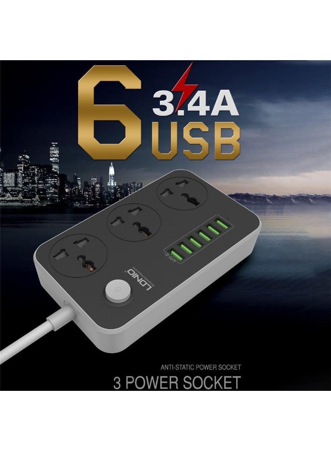 3-Socket Power Strip with 6 Ports – Surge Protected, High Voltage Charging Hub - Image 4