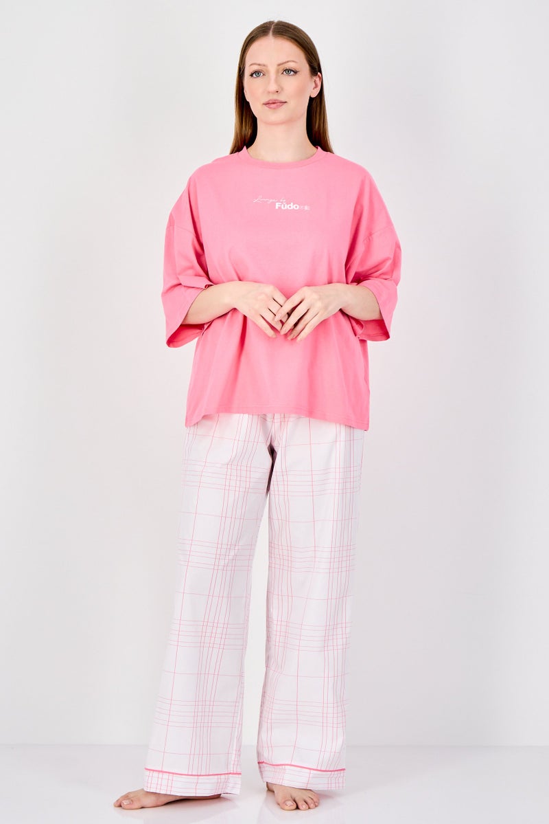 Fudo Women 2Pcs Embroidered Logo Pajama Top And Bottom Set, Multicolor - Image 1