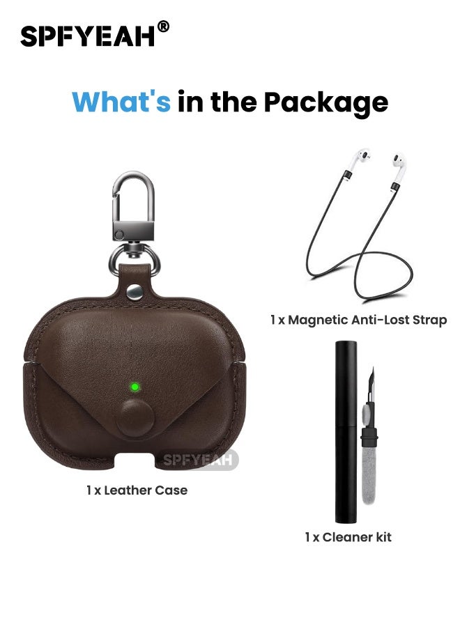 اس بي اف يا. جراب جلدي لسماعات AirPods Pro 3، مع سلسلة مفاتيح ومجموعة أدوات تنظيف وحزام مغناطيسي مضاد للضياع، وإضاءة أمامية LED مرئية، وحافظة شحن لاسلكي واقية لسماعات AirPods Pro الجيل الثالث 2025، بني غامق - Image 3