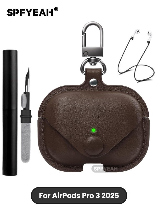اس بي اف يا. جراب جلدي لسماعات AirPods Pro 3، مع سلسلة مفاتيح ومجموعة أدوات تنظيف وحزام مغناطيسي مضاد للضياع، وإضاءة أمامية LED مرئية، وحافظة شحن لاسلكي واقية لسماعات AirPods Pro الجيل الثالث 2025، بني غامق - Image 1