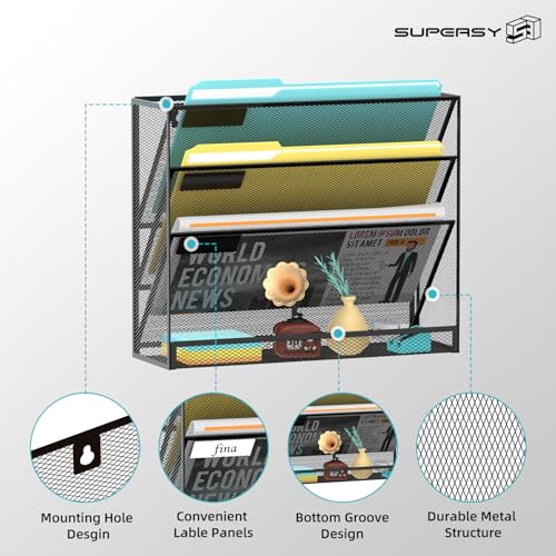 SUPEASY Wall File Organizer Mesh Office Mail Holder, Hanging Wall Organizer Magazine Rack for Office Black, 4 Tier - Image 4