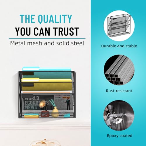 SUPEASY Wall File Organizer Mesh Office Mail Holder, Hanging Wall Organizer Magazine Rack for Office Black, 4 Tier - Image 5