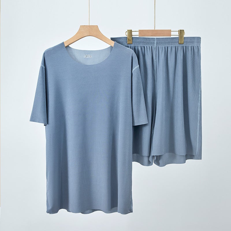 2025 Couple Cool Pajamas Women'S Summer Ice Silk Thread Home Clothes Men'S Large Size Solid Color Drape Home Suit - Image 1
