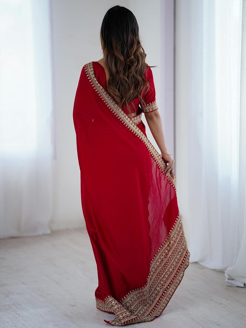 Satrani Women'S Silk Sequins Embroidery Saree With Unstitched Blouse Piece (4552S107N_Red) - Image 3