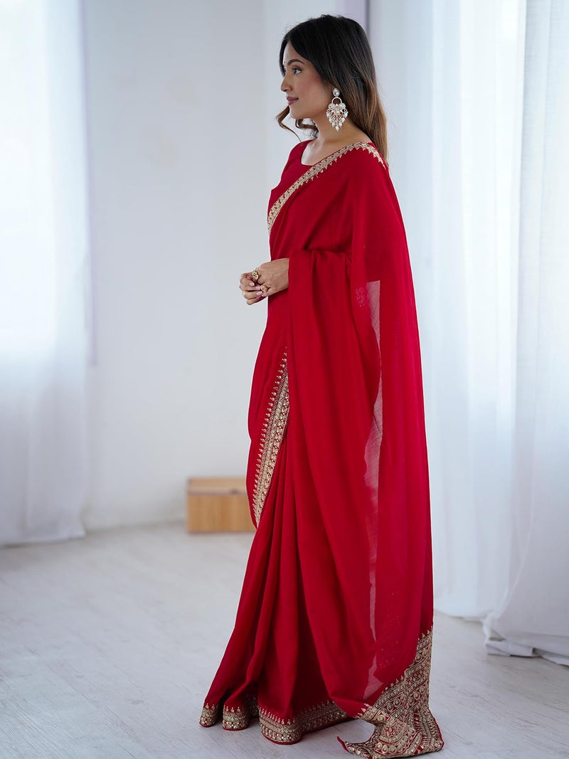 Satrani Women'S Silk Sequins Embroidery Saree With Unstitched Blouse Piece (4552S107N_Red) - Image 2