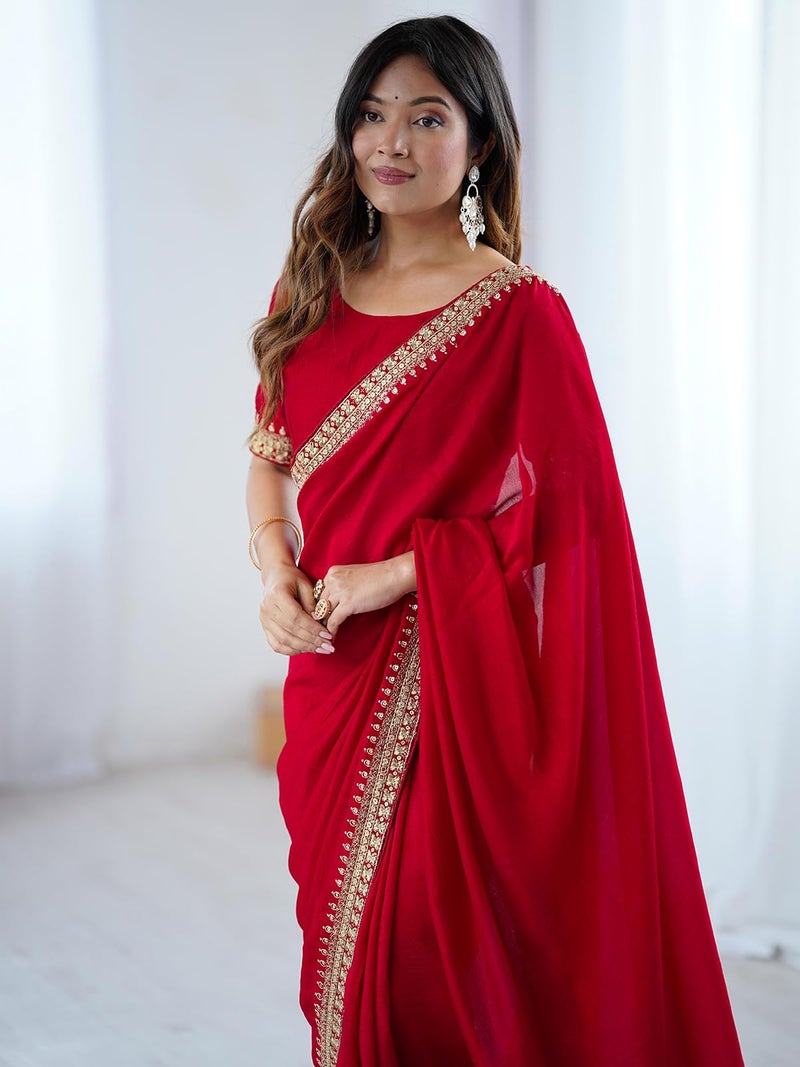 Satrani Women'S Silk Sequins Embroidery Saree With Unstitched Blouse Piece (4552S107N_Red) - Image 4