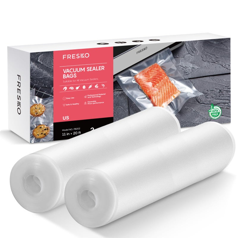 FRESKO Vacuum Sealer Bags Rolls 2 Packs 11 x 20 Commercial Grade Seal a Meal Bags for Storage Food and Sous Vide BPA Free Heavy Duty Customized Size Freezer Bags for Vacuum Sealer