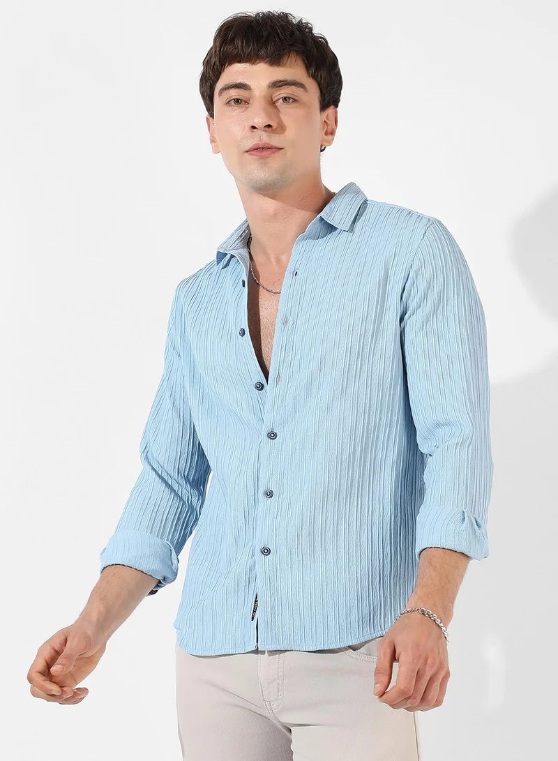 كامبوس سوترا Men's Light Blue Textured Button Up Spread Collar Shirt For Casual Wear | Regular Fit | Poly Lycra Shirt Crafted With Long Sleeve, Comfort Fit & High-Performance For Everyday Wear