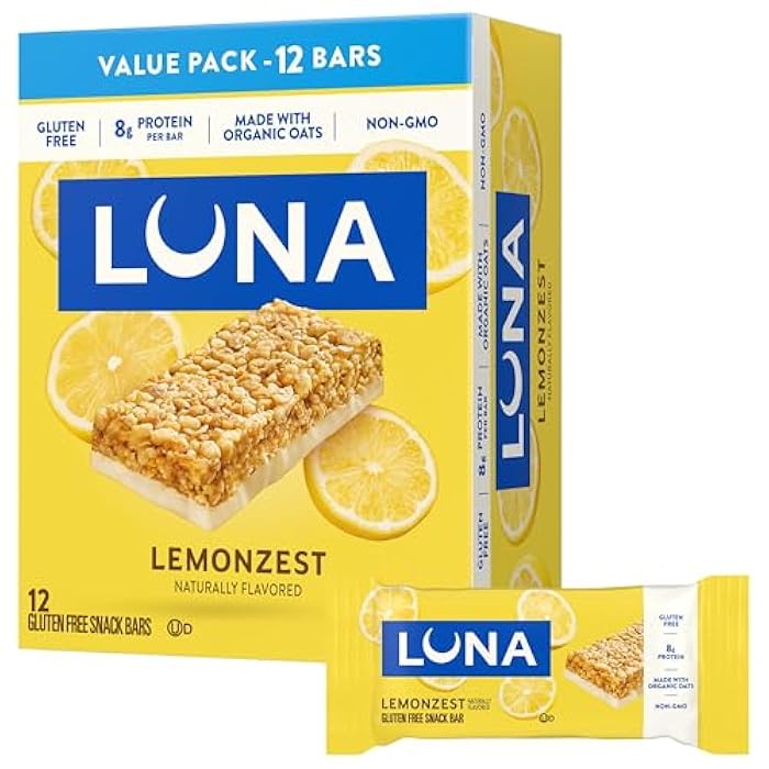 LUNA BAR بار لونا - نكهة ليمون زست - بار وجبات خفيفة خالية من الجلوتين - غير معدلة وراثيًا - بار بروتين - مصنوعة من الشوفان العضوي - عبوة قيمة (12 بار)  - Image 1