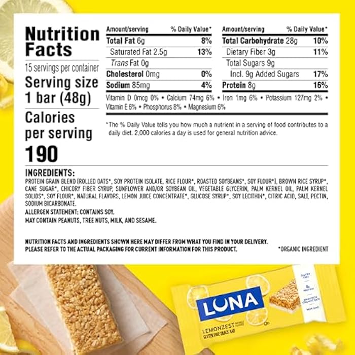 LUNA BAR بار لونا - نكهة ليمون زست - بار وجبات خفيفة خالية من الجلوتين - غير معدلة وراثيًا - بار بروتين - مصنوعة من الشوفان العضوي - عبوة قيمة (12 بار)  - Image 2