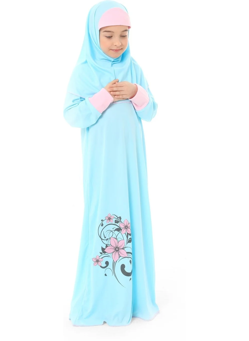 إلانيسا  Girl Child Prayer Dress Flower Printed Sleeve Cuffed