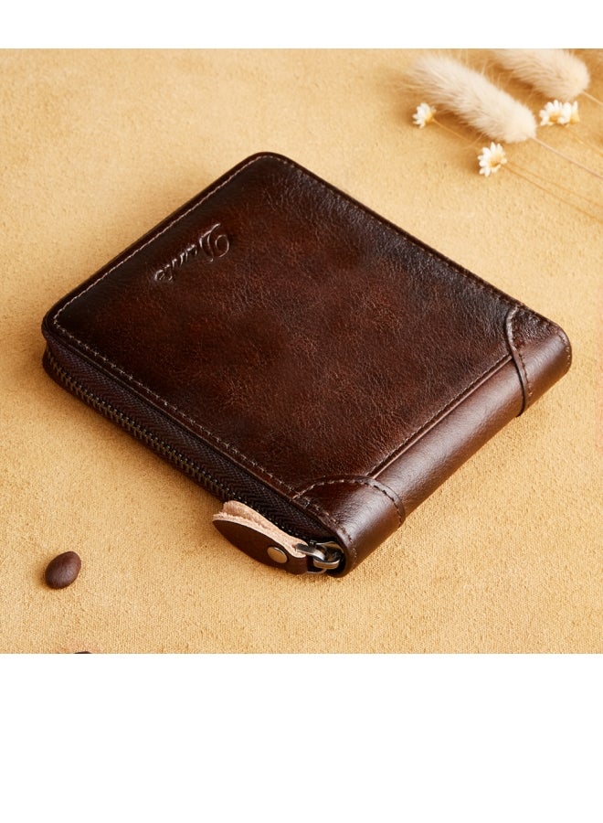 Dante Men's Wallet Genuine Leather Short Zipper Top Layer Cowhide Anti-theft Card Swiping Wallet Brown - Image 1